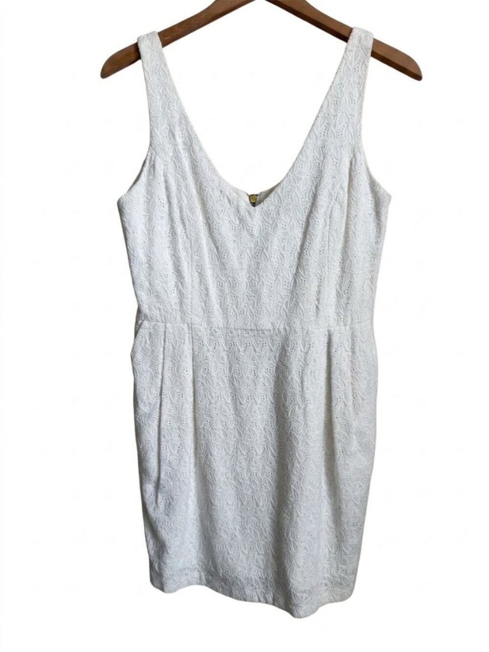 Aqua Bloomingdales White Cotton Eyelet Mini Dress M Gold Zip Pockets Made USA